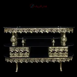 میز تلفن بیضی کوچک طرح غنچه شیشه جنس آلومینیوم و رنگ طلایی