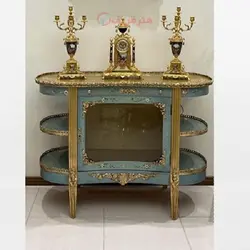 ویترین سه طبقه رنگ طلایی و آبی آسمانی و بدنه چوب روس، دارای ضمانت رنگ و بدنه