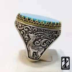 انگشتر مردانه کلکسیونی ضامن آهو با فیروزه اصل نیشابور (کد 200415)