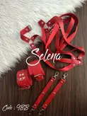 ست فانتزی گارتر چرم ۵ تکه Selena 9818 قرمز و مشکی فری سایز (قابل تنظیم)