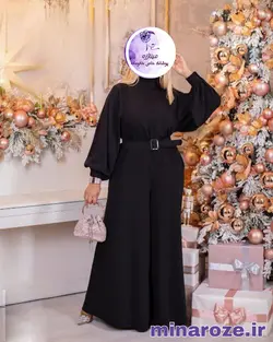 اورال یقه بسته، آستین بلند زنانه مجلسی لاکچری بیگ سایز ۴۶ تا ۵۴ همراه کمربند چرم ارسال رایگان