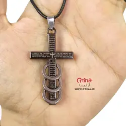 گردنبند صلیب سه حلقه نوشته دار رنگ متالیک