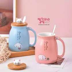 ماگ قاشق دار سرامیکی طرح گربه با درب طرح چوبی