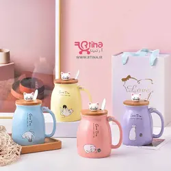 ماگ قاشق دار سرامیکی طرح گربه با درب طرح چوبی