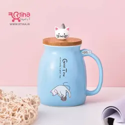 ماگ قاشق دار سرامیکی طرح گربه با درب طرح چوبی