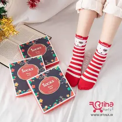 جوراب نخی(فانتزی-عروسکی) قرمز راه راه مدل Christmas1