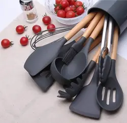 ست كفگیر ملاقه ۱۲ پارچه سیلیکونی دسته بامبو