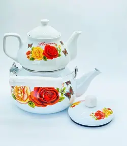 کتری قوری لعابی طرح دار دسته سرامیکی