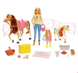 مجموعه باربی و نظافت اسب Mattel Barbie Reitspaß mit Barbie (blond), Chelsea, Pferd und Pony, Pferde Spielzeug