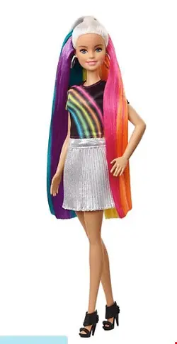 عروسک با موهای رنگین کمانی Mattel Barbie Regenbogen Glitzerhaar Puppe (blond), Anziehpuppe, Barbie mit bunten Haaren