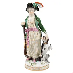 مجسمه دست ساز دکوری چینی آنتیک قدیمی Meissen Rococo Figure Huntress with Dog by J C Schoenheit  Around 1880