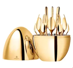 سرویس قاشق چنگال رو کش طلا 24 قطعه با قاب تخم مرغی کریستوفل فرانسه Christofle 24-Piece Flatware Set for 6 People in 24-carat Gold Gilded Metal Chest