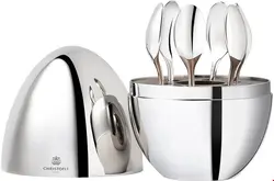 سرویس قاشق چنگال رو کش نقره 6 قطعه با قاب تخم مرغی کریستوفل فرانسه Christofle Mood 6-Piece Silver Espresso Spoon Set with Chest