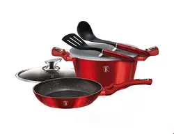سرویس قابلمه ماهیتابه کفگیر ملاقه 6 پارچه برلینگر هاوس مجارستان BerlingerHaus 6-PIECE COOKWARE SET BERLINGER HAUS BH/7042 METALLIC BURGUNDY LINE
