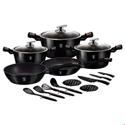 سرویس قابلمه ماهیتابه کفگیر ملاقه چاقو 17 پارچه برلینگر هاوس مجارستان BerlingerHaus 17-PIECE COOKWARE SET BERLINGER HAUS BH-7045 SHINY BLACK EDITION