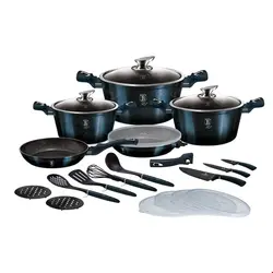 سرویس قابلمه ماهیتابه کفگیر ملاقه چاقو 22 پارچه برلینگر هاوس مجارستان BerlingerHaus 22-PIECE COOKWARE SET BH-7183 AQUAMARINE COLLECTION