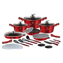 سرویس قابلمه ماهیتابه کفگیر ملاقه چاقو 24 پارچه برلینگر هاوس مجارستان  BerlingerHaus 24-PIECE COOKWARE SET BH-7184 BURGUNDY COLLECTION
