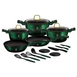 سرویس قابلمه ماهیتابه کفگیر ملاقه چاقو 17 پارچه برلینگر هاوس مجارستان BerlingerHaus 17-PIECE COOKWARE SET BH-7043 EMERALD COLLECTION