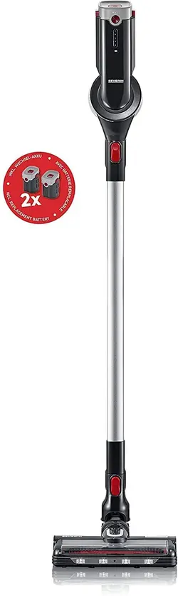 خرید از آمازون - جاروبرقی SEVERIN 2 در 1 چوبی و دستی، جاروبرقی قدرتمند با باتری، جاروبرقی بی سیم با عمر باتری تا 60 دقیقه شامل باتری قابل جابجایی، مشکی مات/قرمز، HV 7168 مشکی، شامل باتری قابل جابجایی
