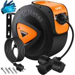 خرید از آمازون - کابل اکستنشن درام کابل اتوماتیک MASKO® 10 متری با اتصال 3 طرفه 180 درجه قابل چرخش 1.5 متری خط تغذیه 1.5 متر براکت دیواری کارگاهی قرقره کابل حلقه اتوماتیک درام برق حلقه شیلنگ شامل دستکش 10M مشکی / نارنجی