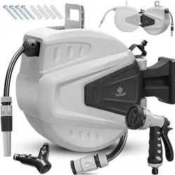 خرید از آمازون - قرقره لوله شلنگ KESSER® حلقه شلنگ 15+2 متری شامل توزیع کننده 2 طرفه + قرقره شیلنگ آب دوش چند دستی اتوماتیک | چرخش 180 درجه | پایه دیواری | شلنگ باغ | خاکستری 15 متر خاکستری