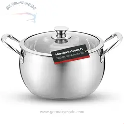 خرید از آمازون - قابلمه اجاق گاز هلندی طرح شکم استیل 7 کوارتی Hamilton Beach با درب شیشه ای و دسته های پرچین، ماهیتابه چند منظوره، سازگار با همه اجاق گاز، اجاق گاز و قابل شستشو در ماشین ظرفشویی نقره ای 7 لیتری