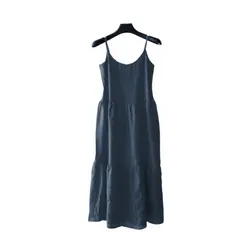 پیراهن بندی دو دامنه چین دار نخی ابر و بادی آبی نفتی سایز 32 تا 62