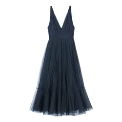 پیراهن مجلسی توری دودامنه آبی نفتی بلند سایز 32 تا 62