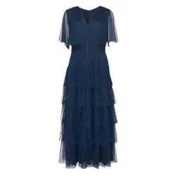 پیراهن مجلسی 6 دامنه آبی نفتی یقه ضربدری توری سایز 32 تا 62