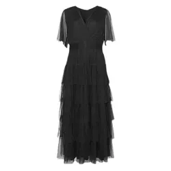 پیراهن مجلسی 6 دامنه آبی نفتی یقه ضربدری توری سایز 32 تا 62