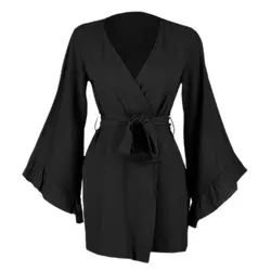 مانتو کمربند دار ابروبادی مشکی آستین انجل رافلدار سایز 32 تا 62