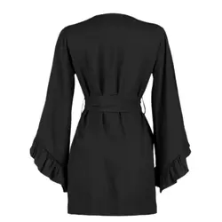 مانتو کمربند دار ابروبادی مشکی آستین انجل رافلدار سایز 32 تا 62