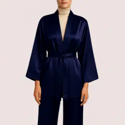 ربدوشامبر کوتاه کیمونو ساتن آبی نفتی سایز 32 تا 62