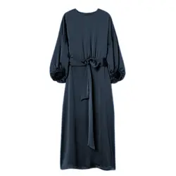 پیراهن مجلسی آستین کش آبی نفتی ساتن سایز 32 تا 62