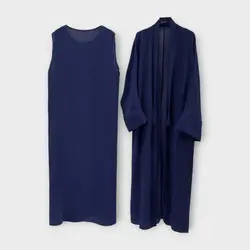 ست مانتو عبایی کیمونو بلند جلوباز و پیراهن زیر مانتویی نخی ابروبادی آبی نفتی سایز 32 تا 62 (رنگبندی موجود)