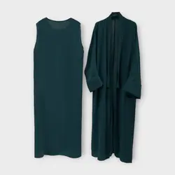 ست مانتو عبایی کیمونو بلند جلوباز و پیراهن زیر مانتویی نخی ابروبادی آبی نفتی سایز 32 تا 62 (رنگبندی موجود)