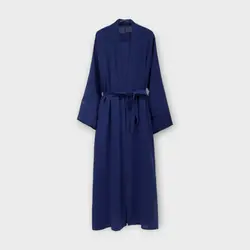 ست مانتو عبایی کیمونو بلند جلوباز و پیراهن زیر مانتویی نخی ابروبادی آبی نفتی سایز 32 تا 62 (رنگبندی موجود)