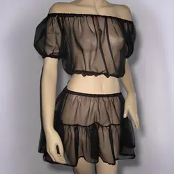 لباس خواب کراپ تاپ دکلته و دامن توری مشکی سایز 32 تا 62 (رنگبندی موجود)