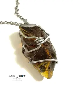 خرید گردنبند سنگ کهربا ی استثنایی و ویژه A458 راف | سنگشو