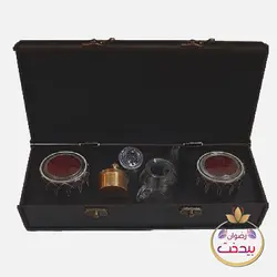 زعفران سرگل ممتاز 2 گرم با جعبه mdf و ظرف خاتم و قوری