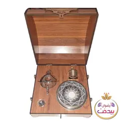جعبه زعفران مدل صندوقچه رضوان با قوری و هاون و ظرف خاتم 