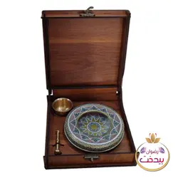 جعبه زعفران چوبی گردویی با هاون نقلی و ظرف خاتم سایز 13*13 سانتی متر