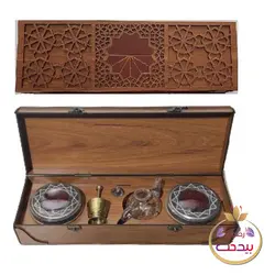 جعبه چوبی زعفران رنگ گردویی سایز 36*12 سانت با هاون و قوری وظرف خاتم