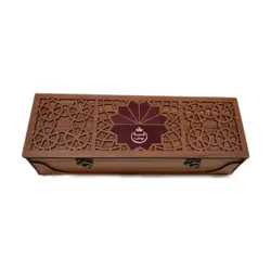 جعبه چوبی زعفران رنگ گردویی سایز 36*12 سانت با هاون و قوری وظرف خاتم