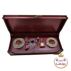 جعبه زعفران چوبی مدل 06  رنگ ماهگونی با هاون نقلی و قوری و ظرف خاتم 3گرم 