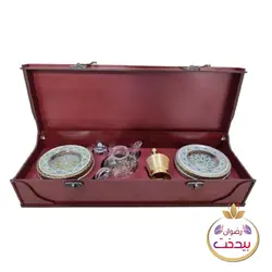 جعبه چوبی زعفران مدل 02 رنگ ماهگونی با هاون جام و قوری و ظرف خاتم 5گرم 