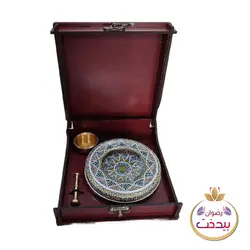 جعبه زعفران چوبی مدل 04 رنگ ماهگونی با هاون نقلی و ظرف خاتم 5 گرم
