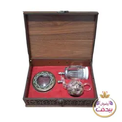 جعبه زعفران  چوبی با زعفران ساب کریستالی و هاون و قوری پیرکس مدل گوهر کاشی دار