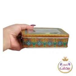 ظرف فلزی زعفران مستطیل  50 گرمی طرح منبت کاری قطر14*10سانتی متر