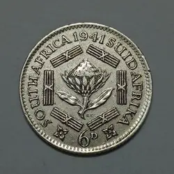 سکه نقره کلکسیونی ۶ پنس کمیاب آفریقای جنوبی مستعمره انگلیس ۱۹۴۱ جرج ششم %